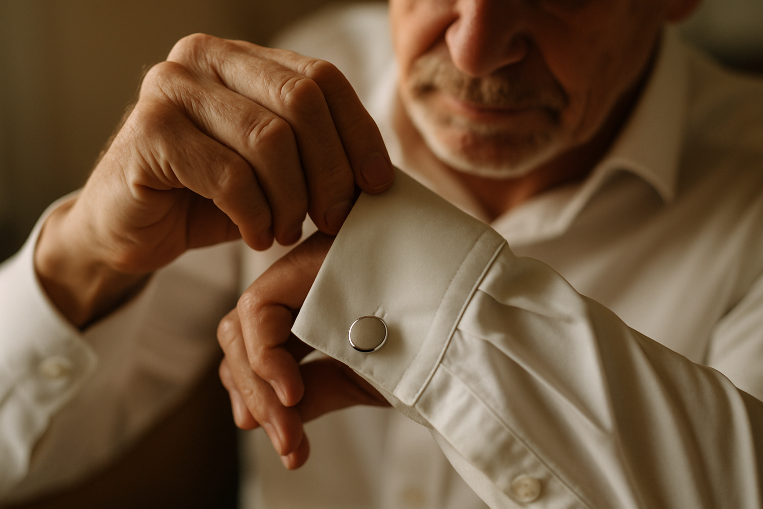 Hände eines älteren Mannes, der geschickt den Manschettenknopf eines Hemdes schließt
